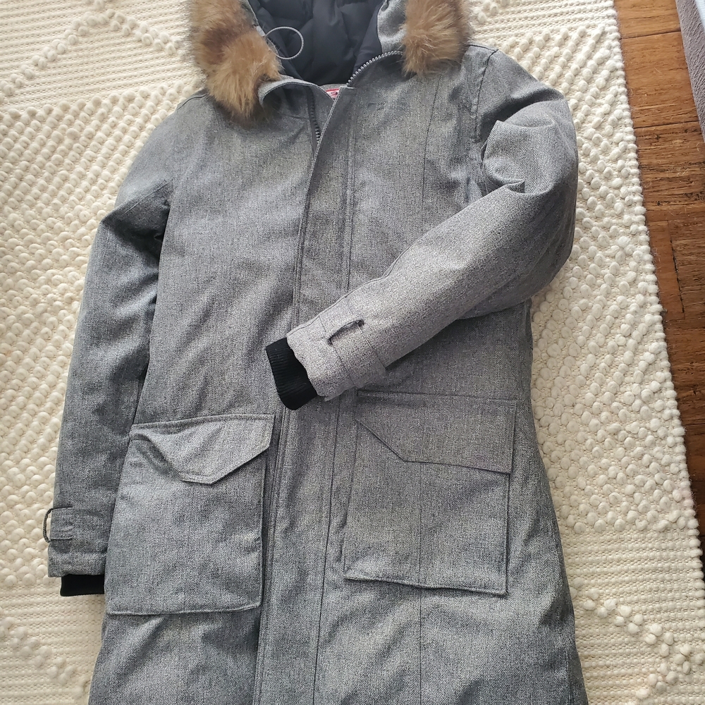 Gray Women's Parka with Faux Fur Trim